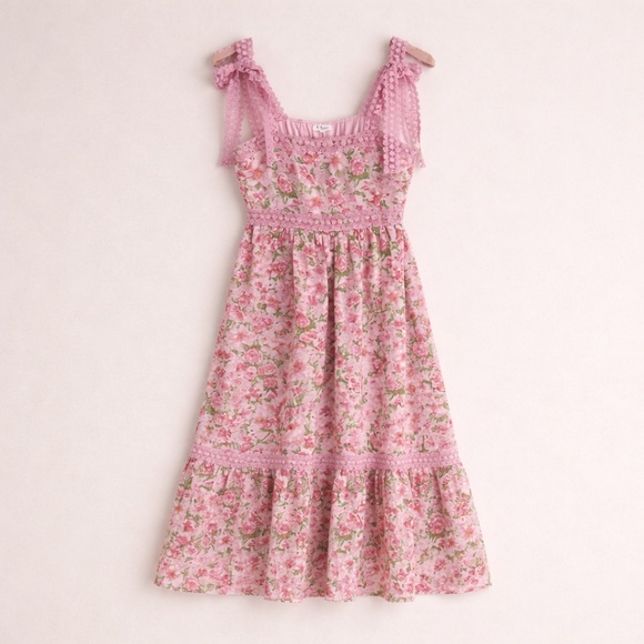 Blu Pepper Dresses & Skirts - Blu Pepper Pink Floral Dress Cottagecore Lace Trim Feminine Romantic Summer M
